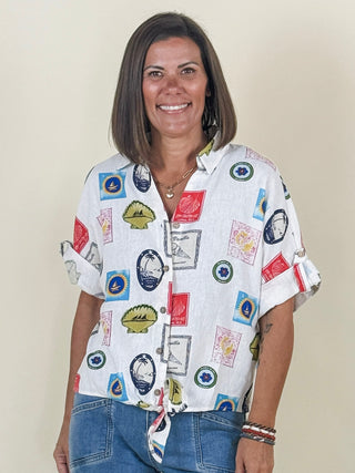 Lucia Printed Button-Up Front Tie Blouse
