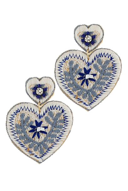 Embroidered Heart Drop Earrings - White/Blue