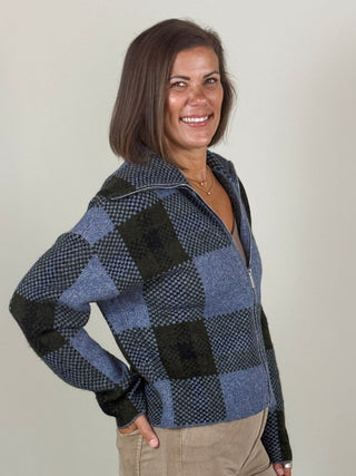 Paula Front Zip Plaid Sweater Jacket