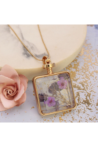 Faux Bottle Purple Dried Flower Gold Necklace