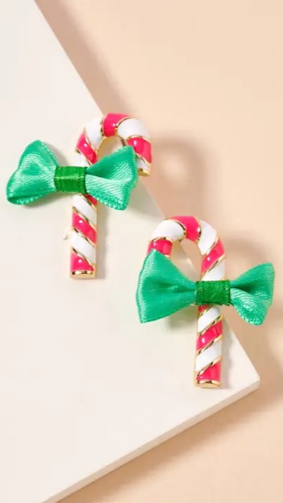 Christmas Candy Cane & Bow Enamel Stud Earrings