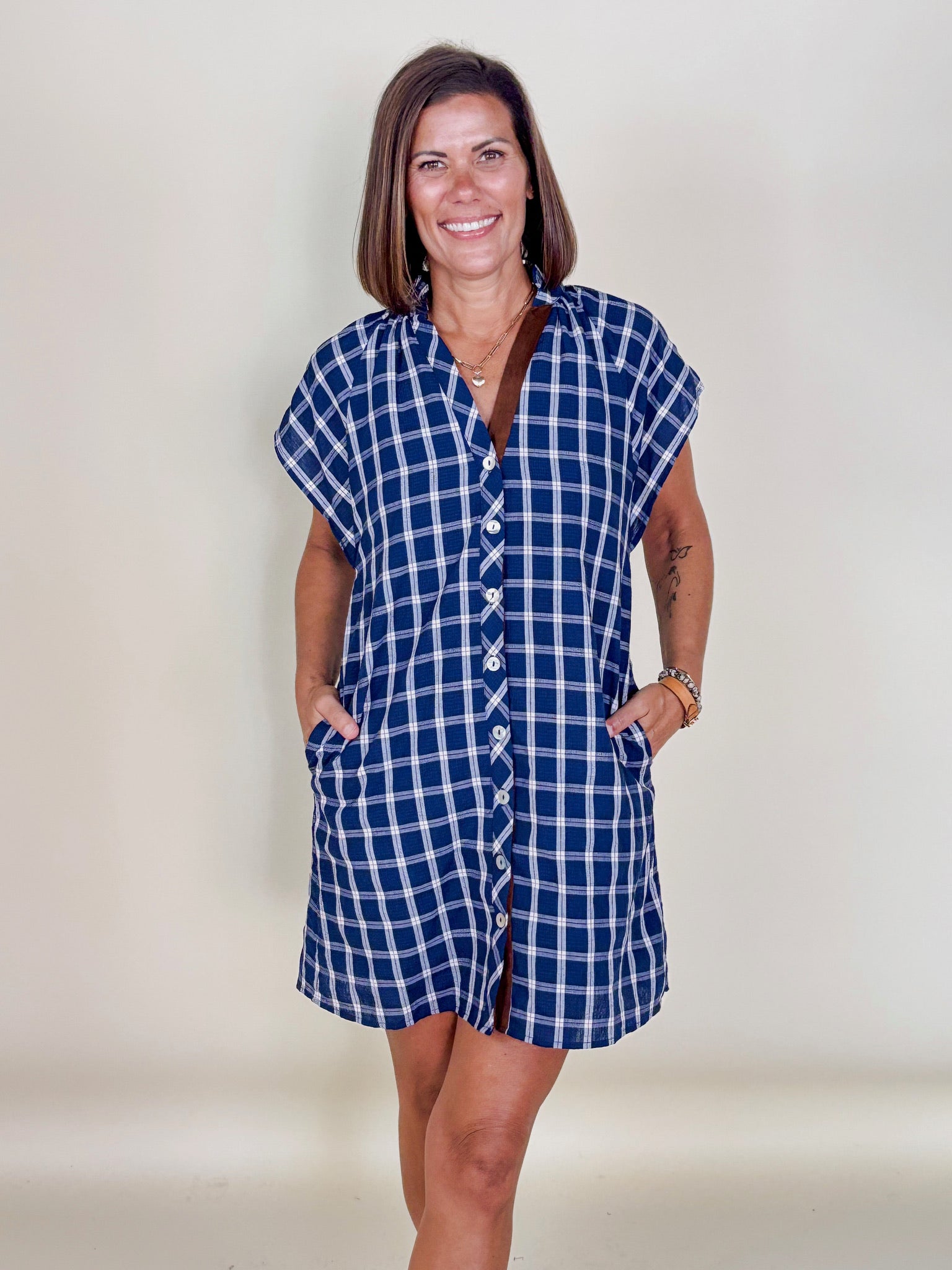 Paige Button Front Plaid Dress