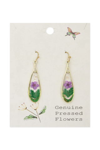 Purple Flower Gold Teardrop Dried Flower Earrings