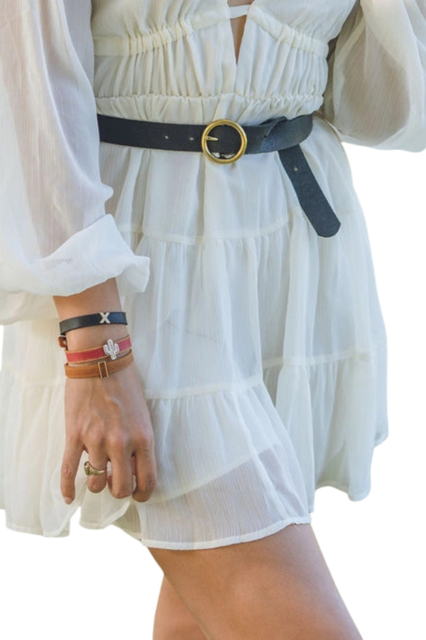 Brass-Toned Circle Buckle Leather Belt