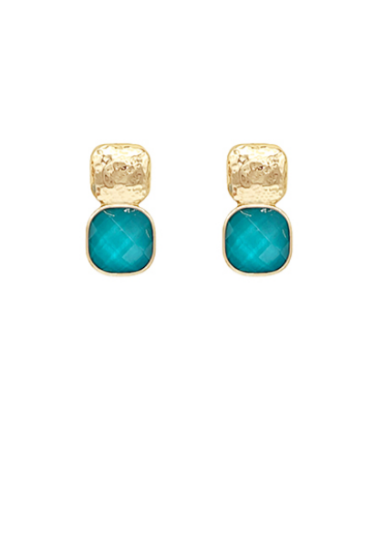 12mm Epoxy Stone & Textured Metal Earrings - Teal/Gold