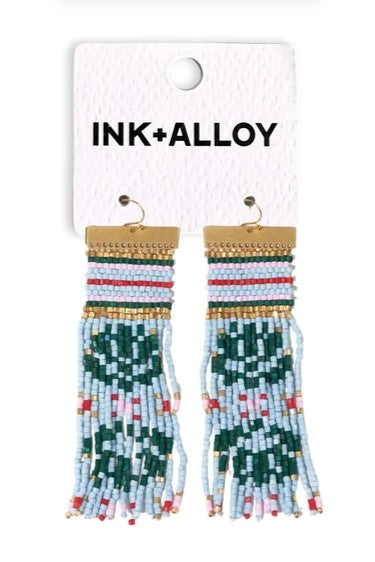 Lauren Nordic Holiday Beaded Fringe Earrings - Blue