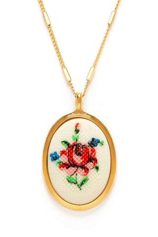 Needlepoint Pink Flower Vintage Cameo Necklace