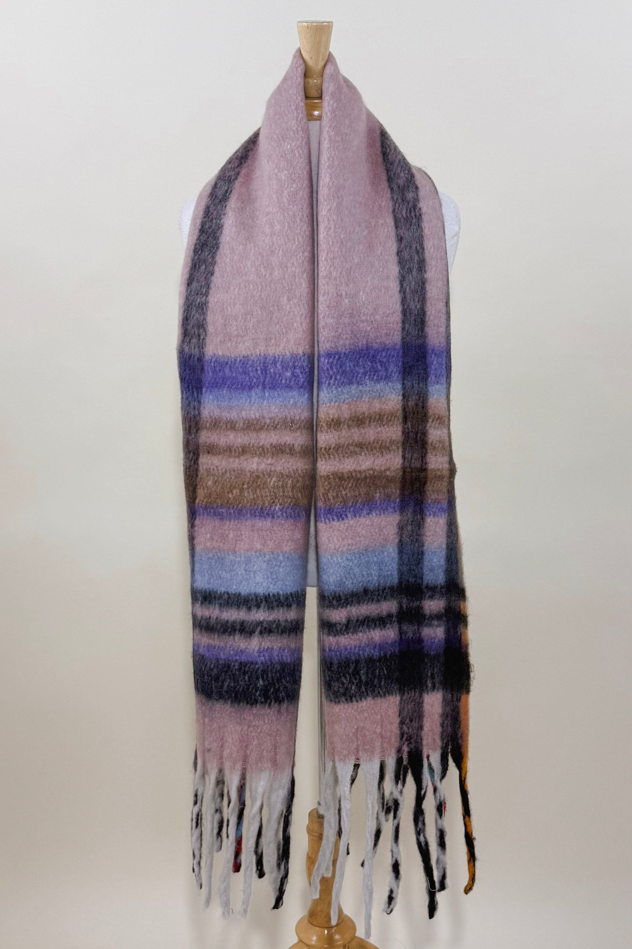 Fringed Fuzzy Striped Winter Scarf