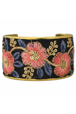 Vintage Pink Blue Embroidered Cuff Bracelet