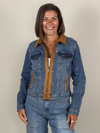 [TRIBAL] Zip Front Denim Jacket with Suede Trim