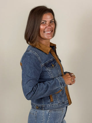 [TRIBAL] Zip Front Denim Jacket with Suede Trim