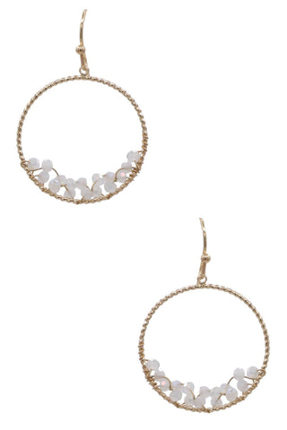 Faceted Bead Wire Hoop Earrings - White