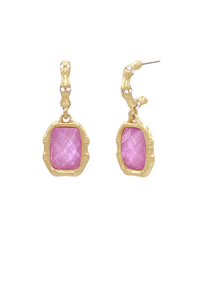 Faceted Stone Bamboo Dangled Hoops - Fuchsia/Vintage Gold