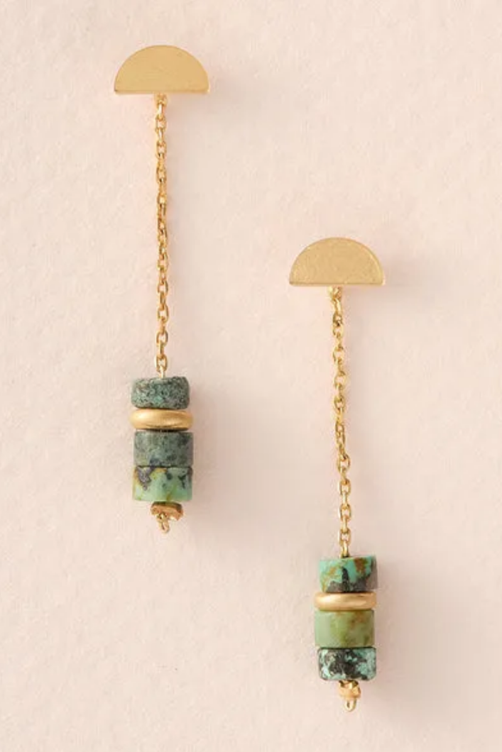 Stone Meteor Thread/Jacket Earrings - African Turquoise/Gold