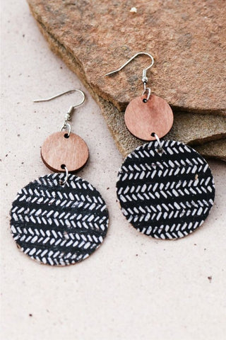 Boho Printed Cork Wooden Dangle Earrings - Black