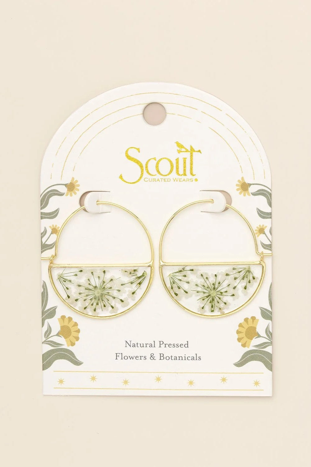 Pressed Flower Hoop Earrings - White Lace Flower/Gold