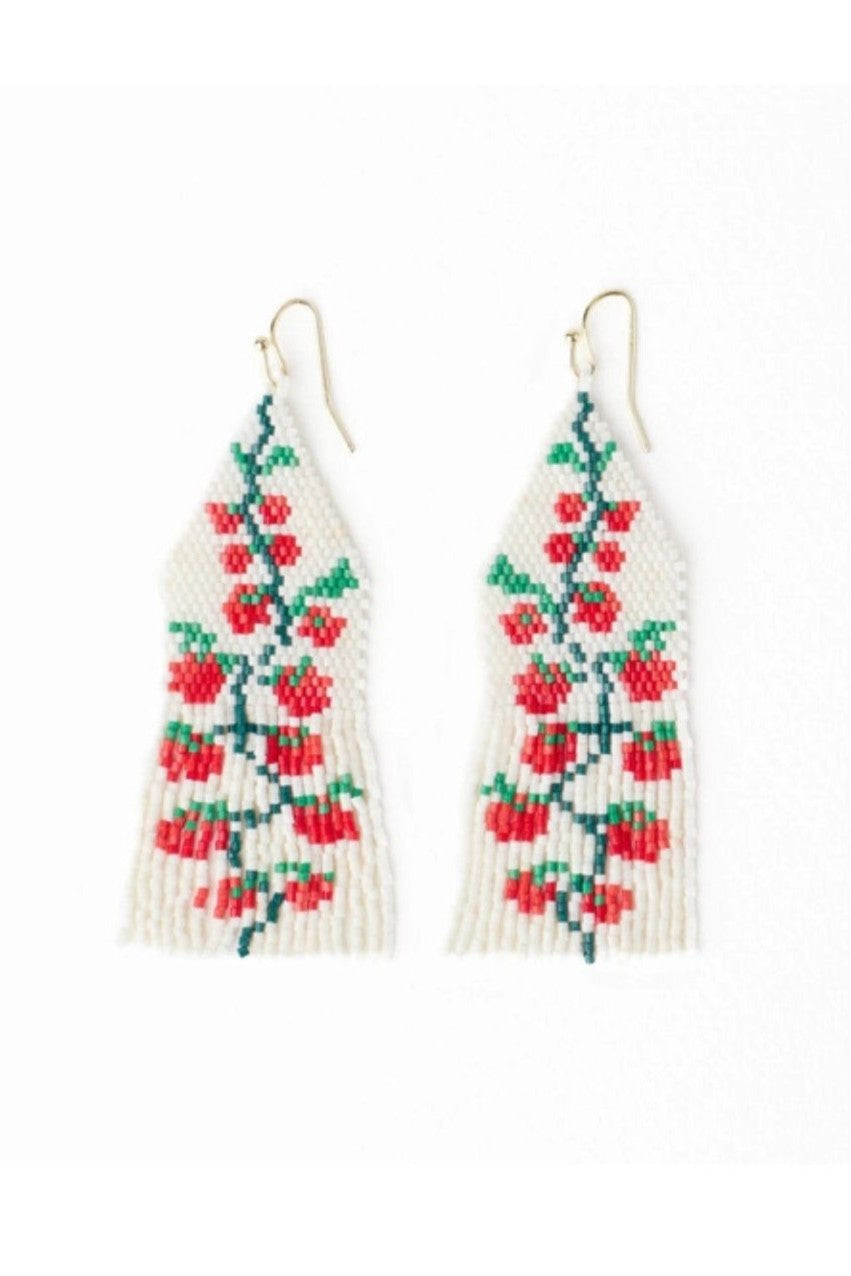 Delilah Tomato Beaded Fringe Earrings - Red + Green