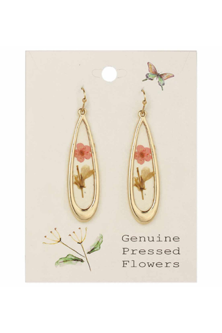 Pink Dried Flower Long Teardrop Gold Earrings