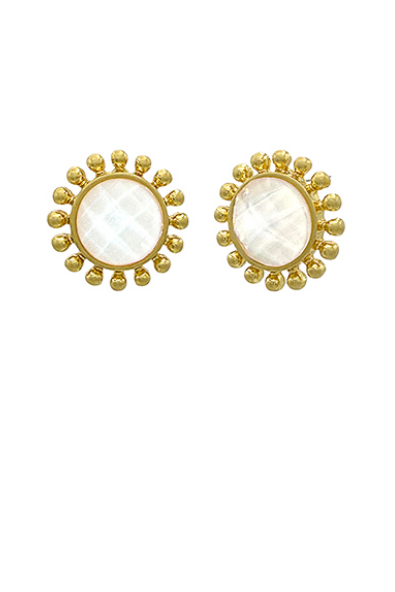 Dotted & Faceted Round Stone Earrings - White/Gold