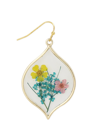 Yellow Pink Dried Flower Gold Marquise Earrings