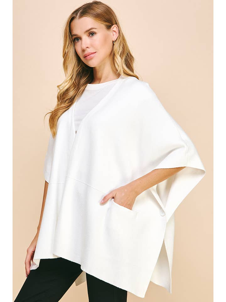 Sarah Side Button Poncho, Off White