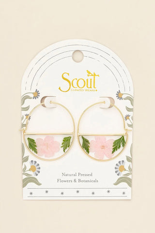Pressed Flower Hoop Earrings - Pink Cherry Blossom/Gold