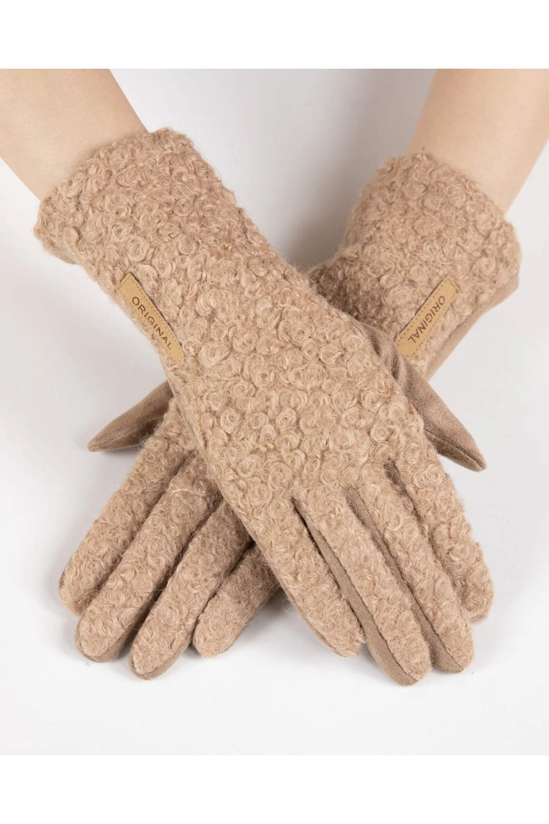 Boucle Faux Suede Logo Gloves - Camel