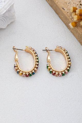 Multicolor Baguette Crystal Hoop Earrings - Gold