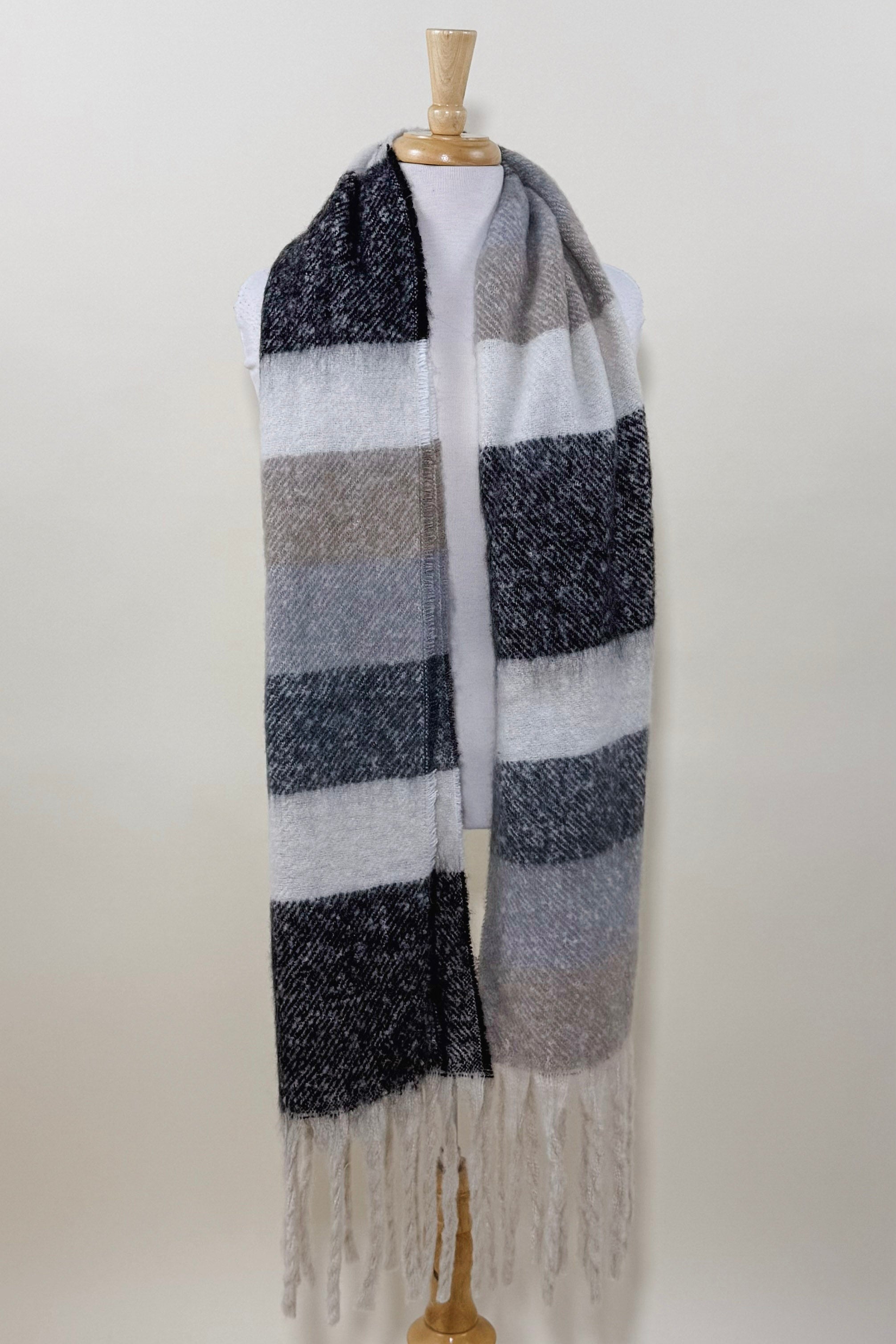 Oversized Striped Brushed Knit Fringe Scarf