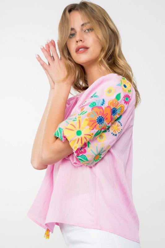 Spring Flowers Embroidered Sleeve Top