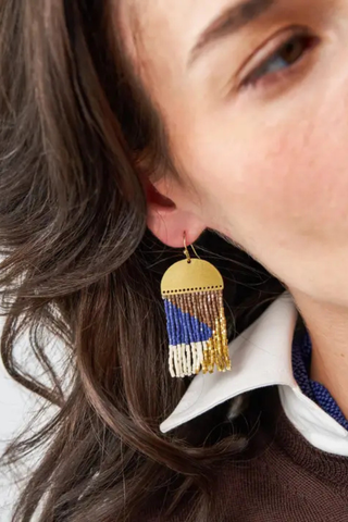 Birdie Geometric Beaded Fringe Earrings - Navy, Brown, Ivory + Gold