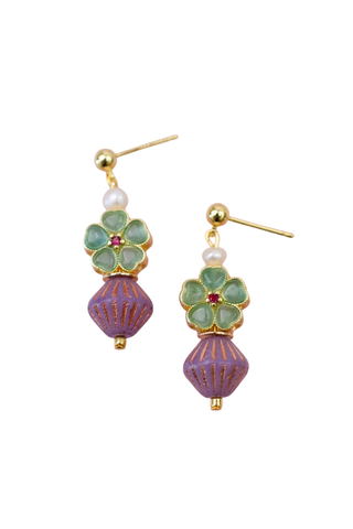 Beaded Green & Purple Dangle Earrings