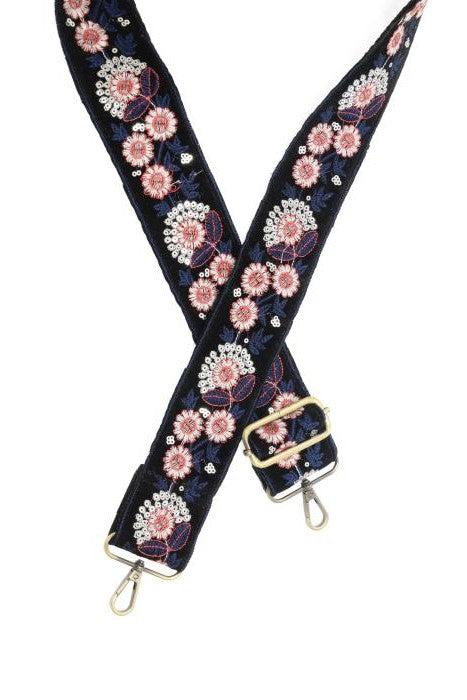 2" Ornate Floral Sequin Guitar Strap - Black