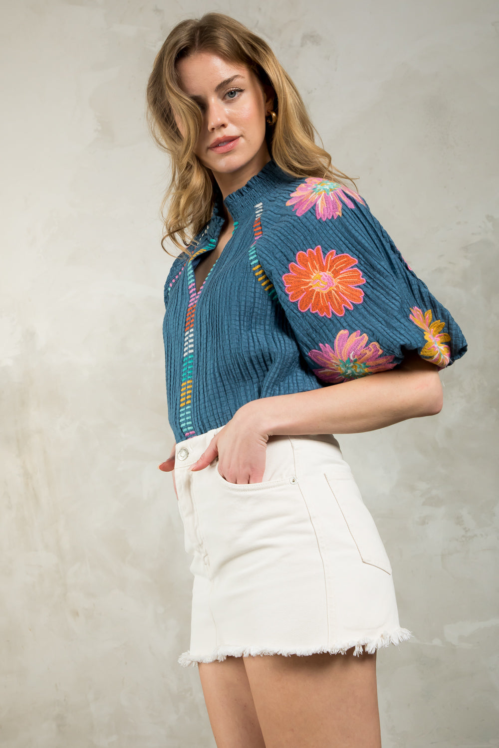 Tia Embroidered Puff Sleeve Top