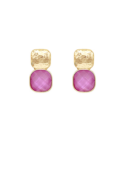 12mm Epoxy Stone & Textured Metal Earrings - Light Magenta/Gold