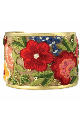 Mesh Red Flower Embroidered Elegance Cuff Bracelet