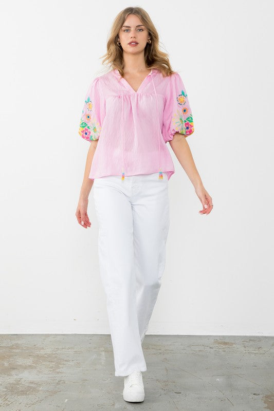 Spring Flowers Embroidered Sleeve Top