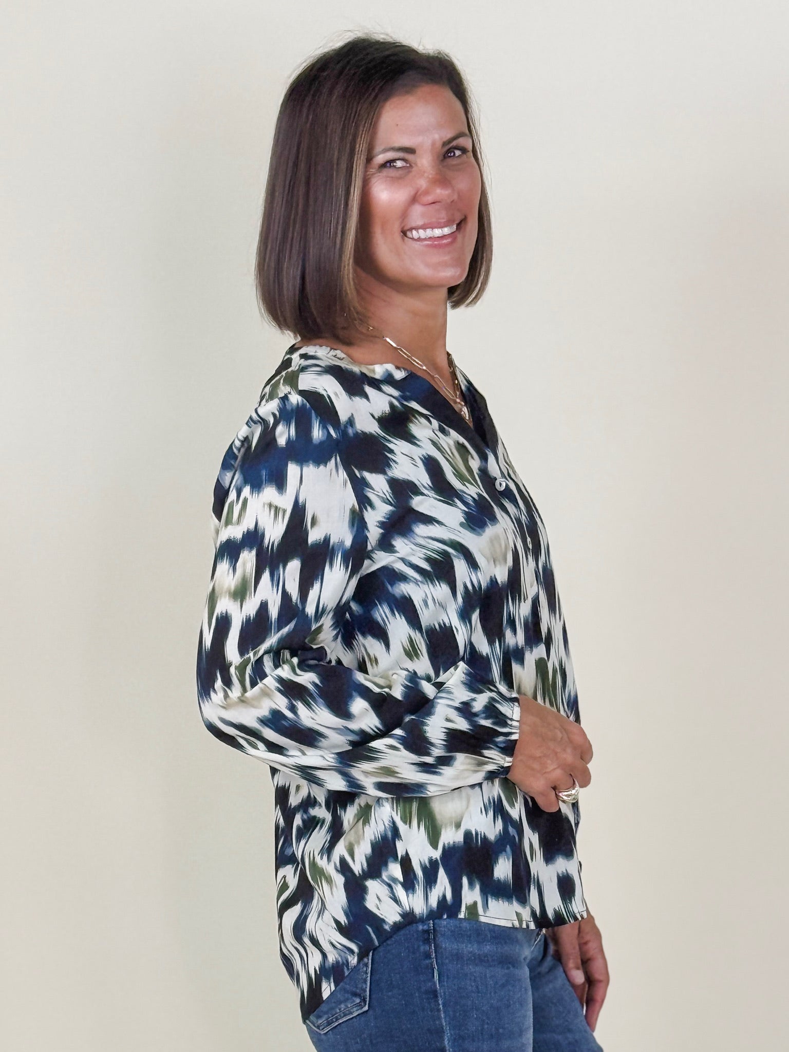 [Liverpool] Button Front Shirred Woven Blouse