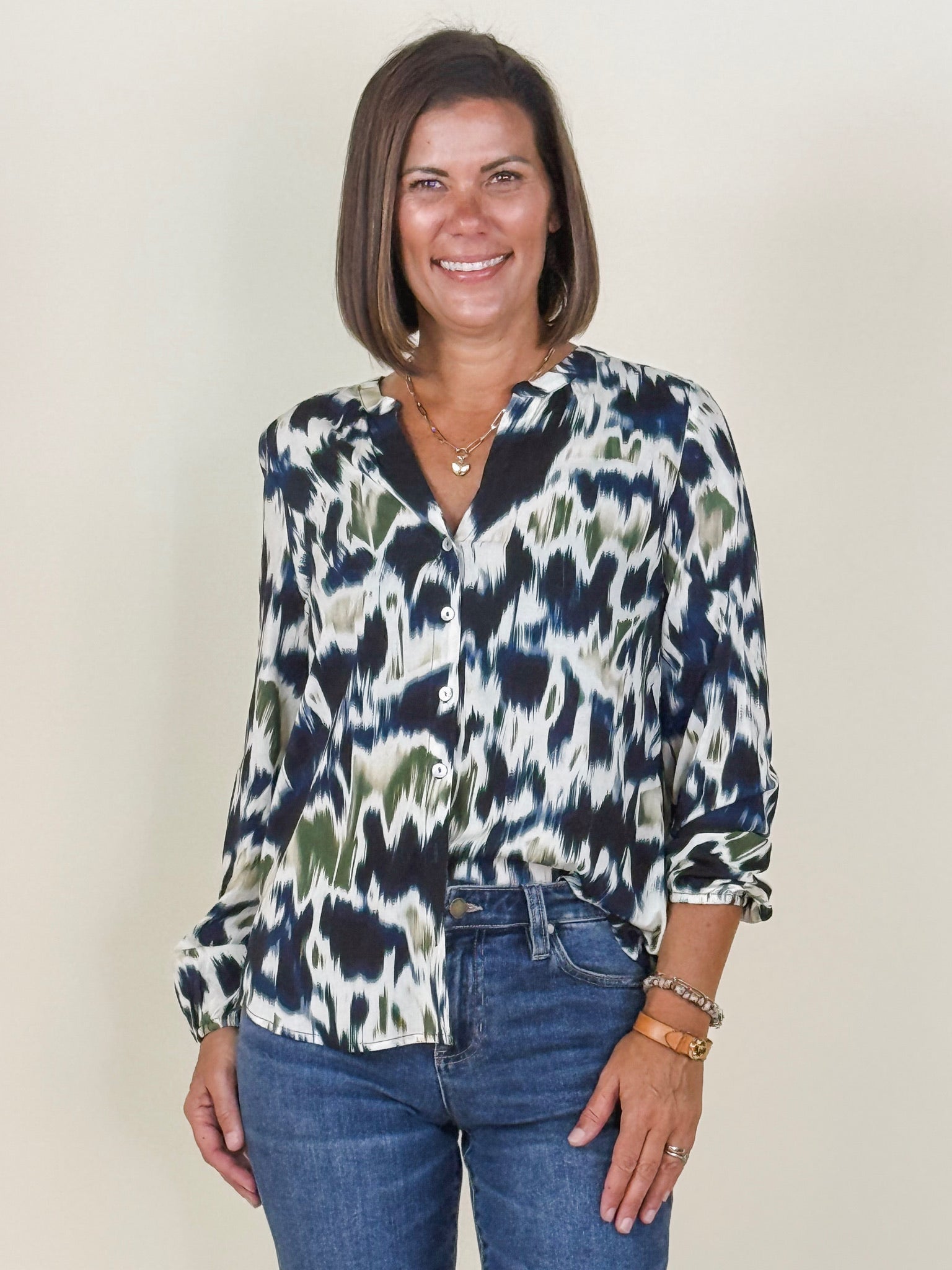 [Liverpool] Button Front Shirred Woven Blouse