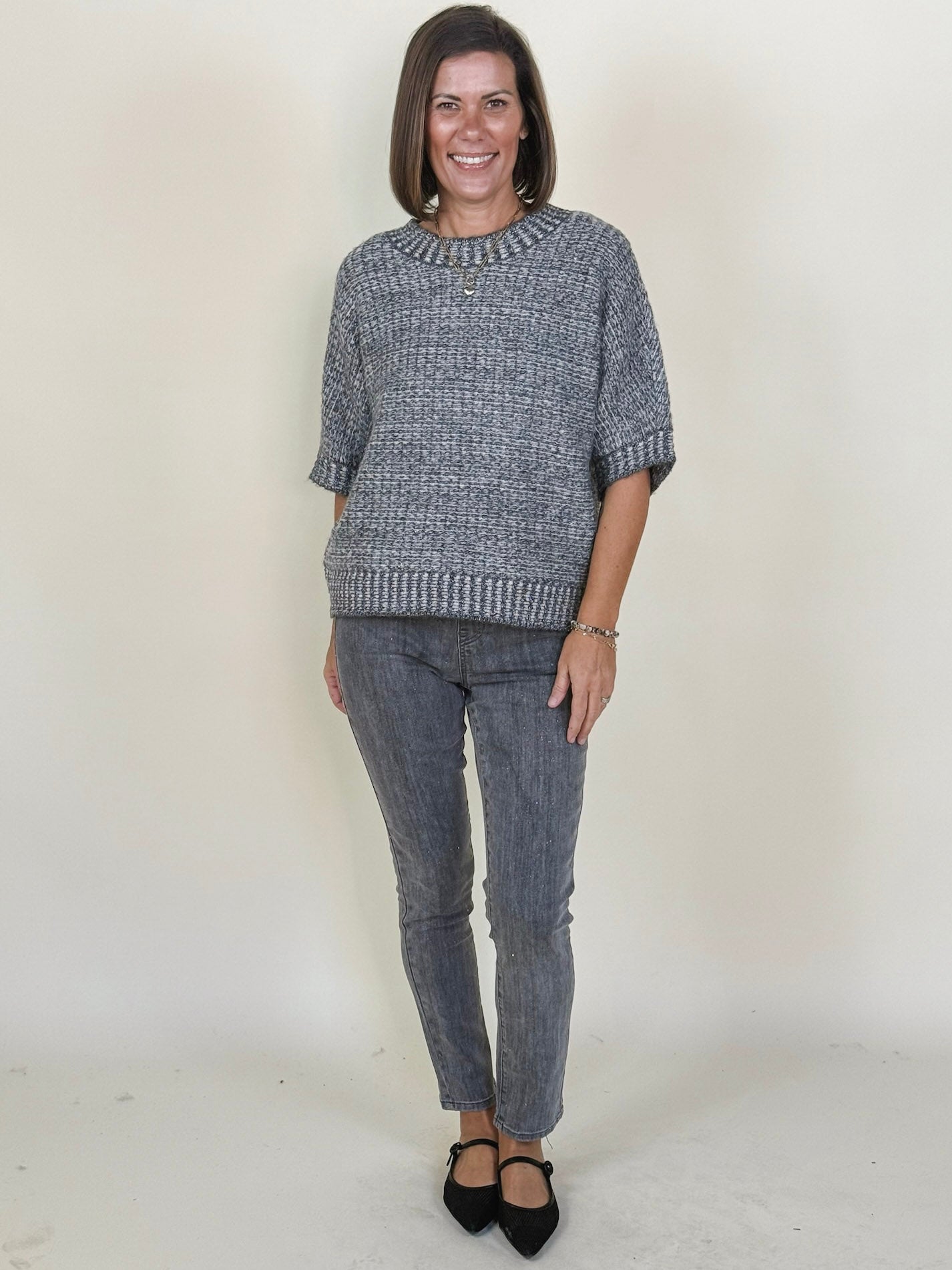 [TRIBAL] Crew Neck Half Sleeve Sweater