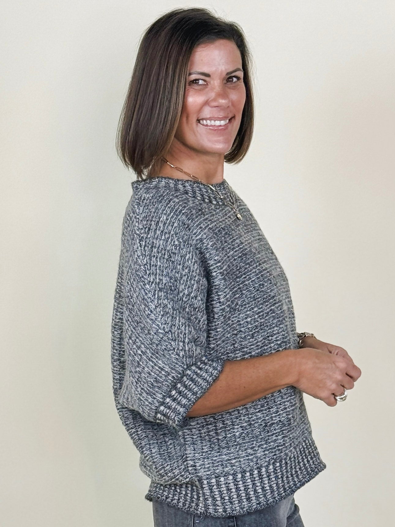 [TRIBAL] Crew Neck Half Sleeve Sweater