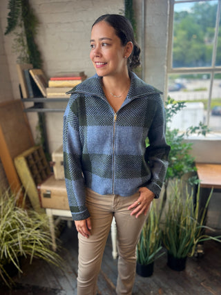 Paula Front Zip Plaid Sweater Jacket