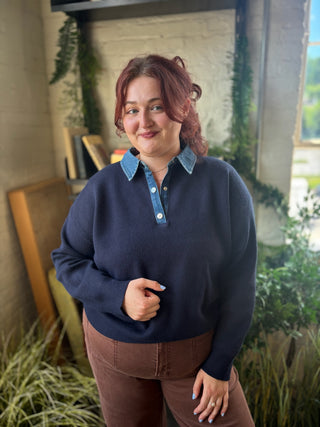 Pat Denim Collar Polo Sweater