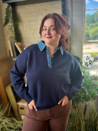 Pat Denim Collar Polo Sweater