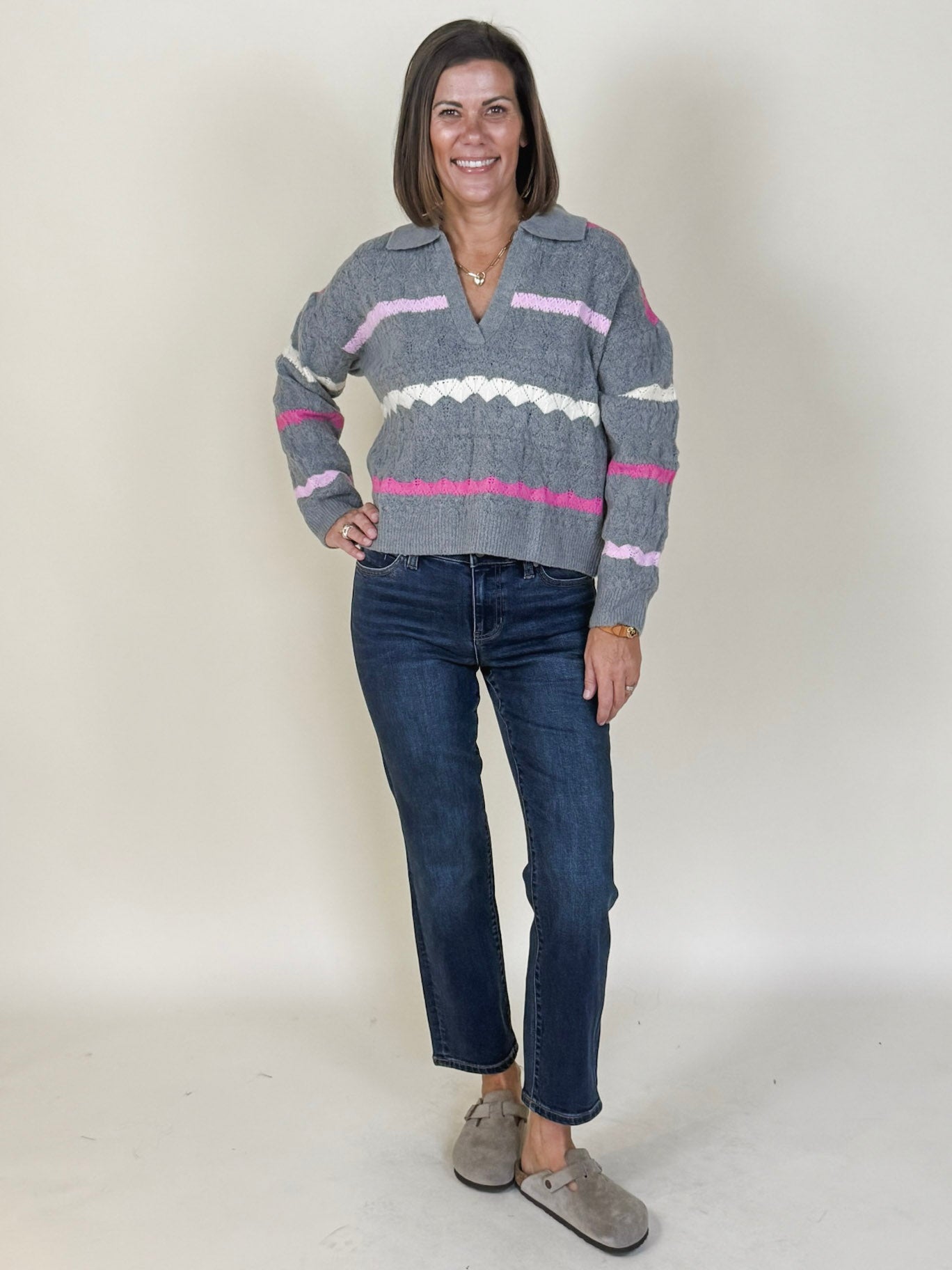 Colette Collared Striped Knit Sweater