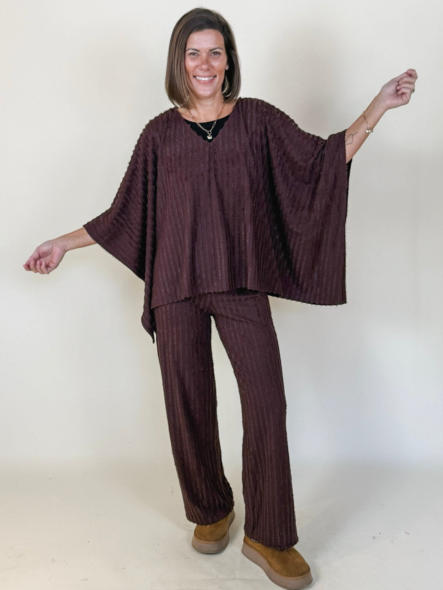 Fran Fuzzy Striped Knit Flowy Poncho Top