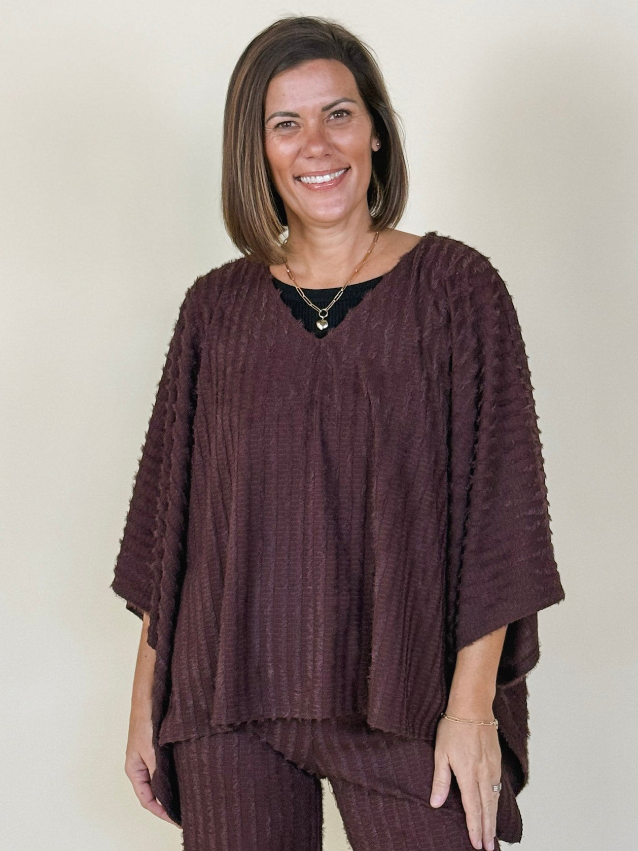 Fran Fuzzy Striped Knit Flowy Poncho Top