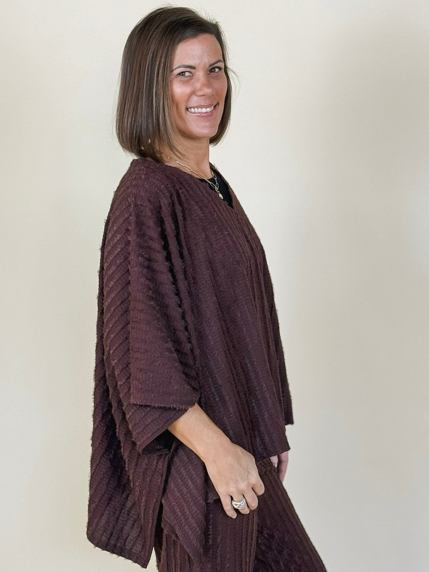 Fran Fuzzy Striped Knit Flowy Poncho Top