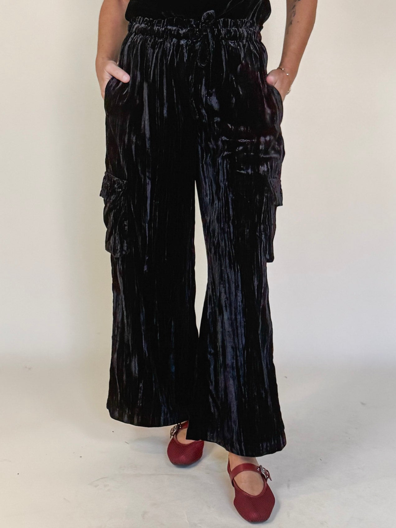 Hazel Crinkle Velvet Wide Leg Cargo Pants