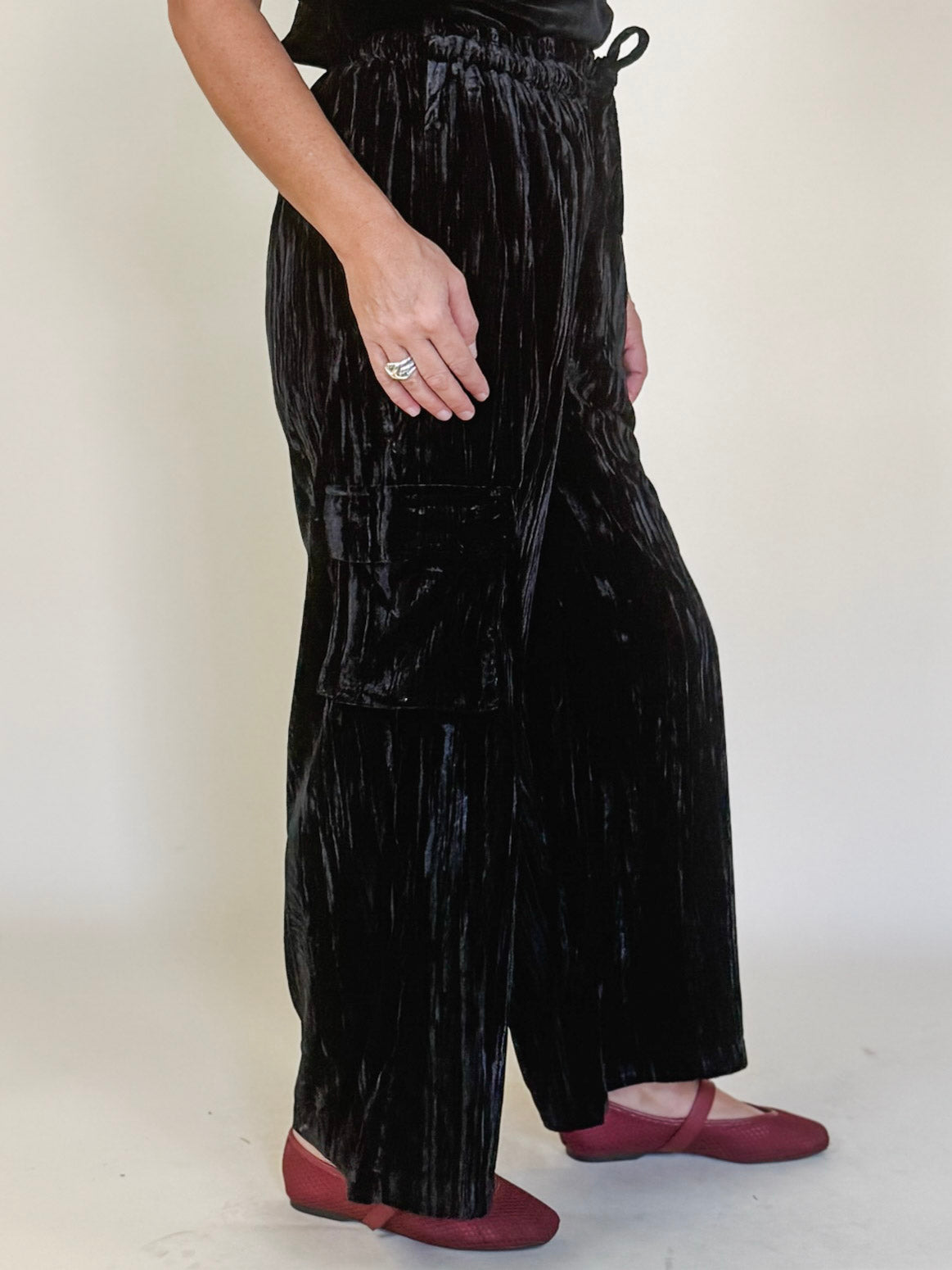 Hazel Crinkle Velvet Wide Leg Cargo Pants